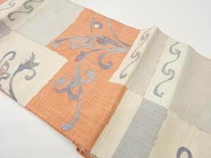 手織り紬色紙に唐草模様織出し名古屋帯